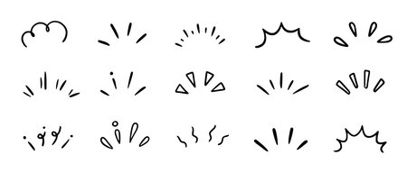 Doodle shine sunburst sparkle ray elements. Hand drawn pop surprise line frame for title headline illustration. Doodle vector illustrationのイラスト素材