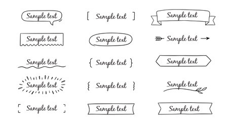 Text title frame handwriting ribbon, square, circle decoration element. Doodle cute title frame simple text box, label, tag. Hand drawn sketch style decoration. Vector illustration.のイラスト素材