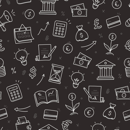 Money, business doodle seamless pattern background. Bank profit, money economy, finance doodle sketch style pattern with coin, megaphone, calculator element. Vector illustrationのイラスト素材