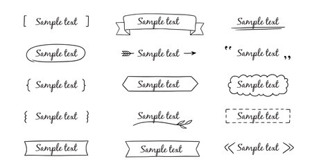 Text title frame handwriting ribbon, square, circle decoration element. Doodle cute title frame simple text box, label, tag. Hand drawn sketch style decoration. Vector illustration.のイラスト素材