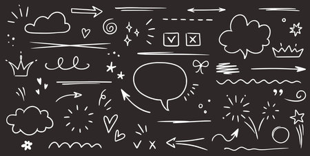 Sketch underline, emphasis, arrow shape set on chalkboard background. Hand drawn brush stroke, highlight, speech bubble, underline, sparkle element. Vector illustrationのイラスト素材