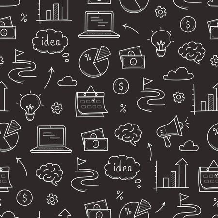 Business idea doodle seamless pattern background. Business success, creative idea concept doodle drawn sketch style pattern with lightbulb, megaphone, calendar element. Vector illustrationのイラスト素材