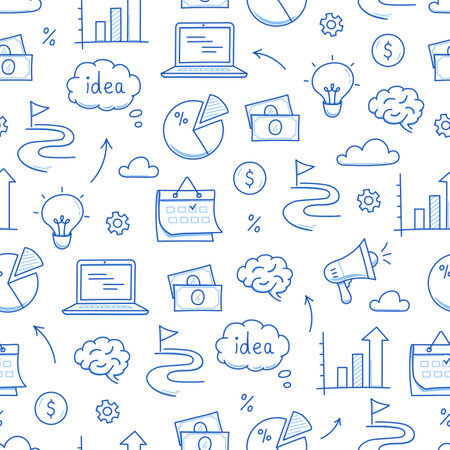 Business idea doodle seamless pattern background. Business success, creative idea concept doodle drawn sketch style pattern with lightbulb, megaphone, calendar element. Vector illustrationのイラスト素材
