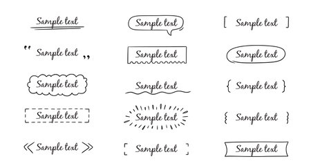 Text title frame handwriting ribbon, square, circle decoration element. Doodle cute title frame simple text box, label, tag. Hand drawn sketch style decoration. Vector illustration.のイラスト素材