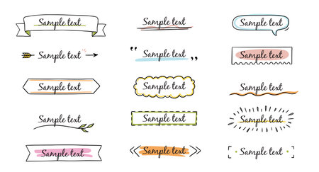 Text title frame handwriting ribbon, square, circle decoration element. Doodle cute title frame simple text box, label, tag. Hand drawn sketch style decoration. Vector illustration.のイラスト素材