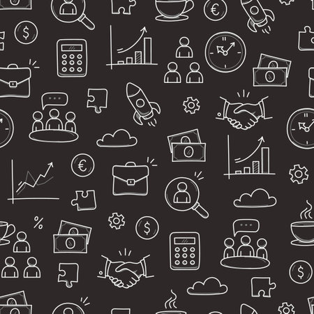 Business job icon doodle seamless pattern background. Business teamwork, office, career concept doodle line sketch style pattern with money, rocket, calculator element. Vector illustrationのイラスト素材