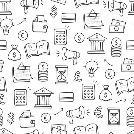 Money, business doodle seamless pattern background. Bank profit, money economy, finance doodle sketch style pattern with coin, megaphone, calculator element. Vector illustrationのイラスト素材