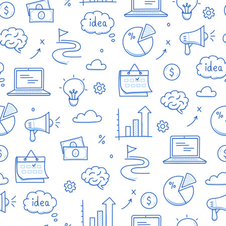 Business idea doodle seamless pattern background. Business success, creative idea concept doodle drawn sketch style pattern with lightbulb, megaphone, calendar element. Vector illustrationのイラスト素材