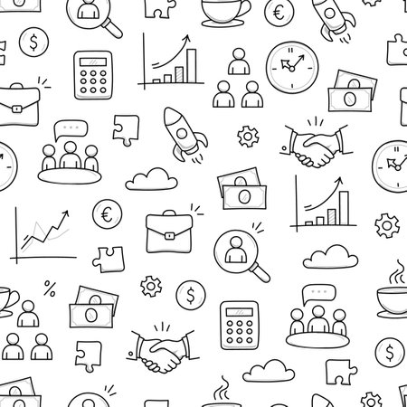 Business job icon doodle seamless pattern background. Business teamwork, office, career concept doodle line sketch style pattern with money, rocket, calculator element. Vector illustrationのイラスト素材