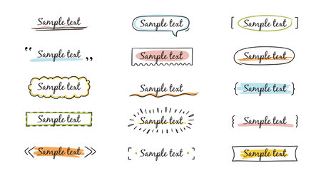 Text title frame handwriting ribbon, square, circle decoration element. Doodle cute title frame simple text box, label, tag. Hand drawn sketch style decoration. Vector illustration.のイラスト素材