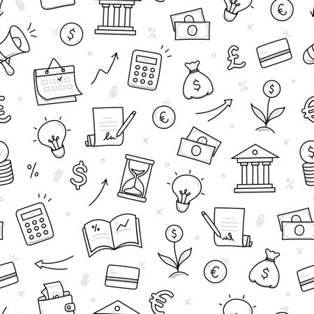 Money, business doodle seamless pattern background. Bank profit, money economy, finance doodle sketch style pattern with coin, megaphone, calculator element. Vector illustrationのイラスト素材