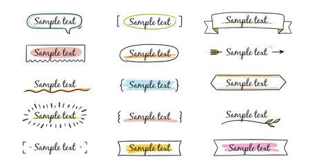 Text title frame handwriting ribbon, square, circle decoration element. Doodle cute title frame simple text box, label, tag. Hand drawn sketch style decoration. Vector illustration.のイラスト素材