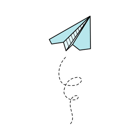 Paper airplane vector icon. Doodle outline style blue color paper airplane. Simple origami aircraft element. Drawing doodle vector illustration.のイラスト素材