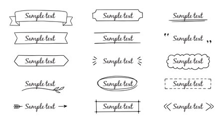 Text title frame handwriting ribbon, square, circle decoration element. Doodle cute title frame simple text box, label, tag. Hand drawn sketch style decoration. Vector illustration.のイラスト素材