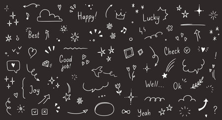 Doodle cute glitter pen line elements chalkboard. Doodle heart, arrow, star, sparkle decoration symbol set icon. Simple sketch line style emphasis, attention, pattern elements. Vector illustrationのイラスト素材