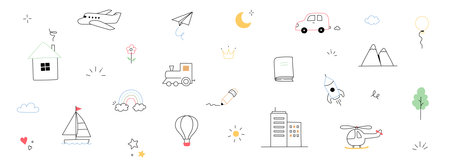 Hand drawn cute kid icon set background. Cute drawn sketch style doodle kid element rainbow, car, rocket, flower. Line pencil kid element. Vector illustration.のイラスト素材