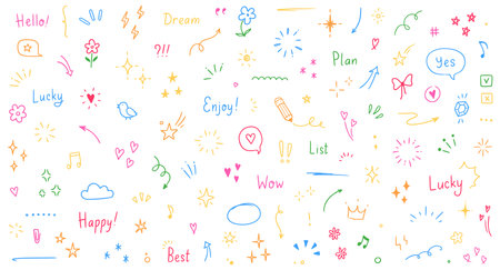 Doodle cute glitter pen line color elements. Doodle heart, arrow, star, sparkle decoration symbol set icon. Simple sketch line style emphasis, attention, pattern elements. Vector illustrationのイラスト素材