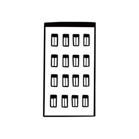Doodle building. Hand drawn sketch style home. House building with window, roof. Vector illustration for building icon.のイラスト素材
