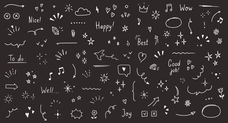 Doodle cute glitter pen line elements chalkboard. Doodle heart, arrow, star, sparkle decoration symbol set icon. Simple sketch line style emphasis, attention, pattern elements. Vector illustrationのイラスト素材