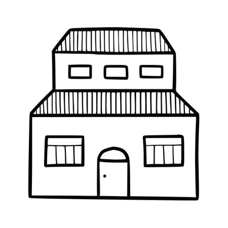 Hand drawn cute house. Doodle sketch style home. House building with window, roof. Vector illustration for home icon.のイラスト素材