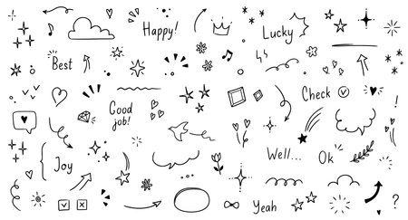 Doodle cute glitter pen line elements. Doodle heart, arrow, star, sparkle decoration symbol set icon. Simple sketch line style emphasis, attention, pattern elements. Vector illustration.のイラスト素材