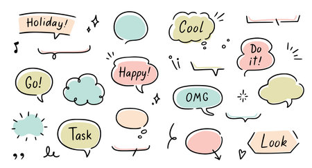 Balloon text frame decoration set. Simple hand drawn pen line speech bubble, cloud, balloon frame for text border. Doodle elegant dialog bubble, title headline. Vector illustrationのイラスト素材