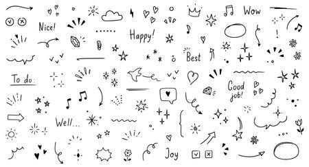 Doodle cute glitter pen line elements. Doodle heart, arrow, star, sparkle decoration symbol set icon. Simple sketch line style emphasis, attention, pattern elements. Vector illustration.のイラスト素材