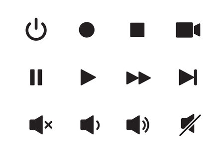 Audio, video, music player button icon. Sound control, play, pause button solid icon set. Camera, media control, microphone interface pictogram. Vector illustration.のイラスト素材
