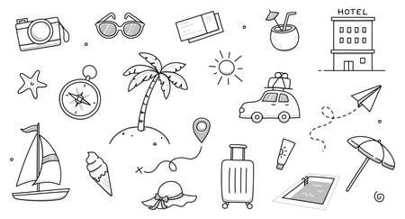 Summer travel vacation drawn set. Hand drawn sketch doodle style summer trip, vacation background. Sun, travel bag, beach tent doodle element. Funny tourism vector illustration.のイラスト素材