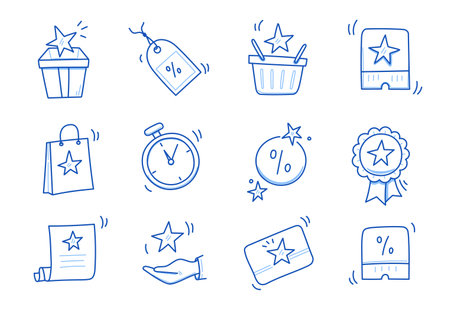 Doodle gift, discount coupon icon set. Hand drawn sketch style bonus card, loyalty program icon. Bonus point reward program offer doodle. Blue line stroke. Vector illustrationのイラスト素材