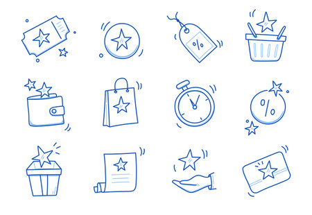 Doodle gift, discount coupon icon set. Hand drawn sketch style bonus card, loyalty program icon. Bonus point reward program offer doodle. Blue line stroke. Vector illustrationのイラスト素材