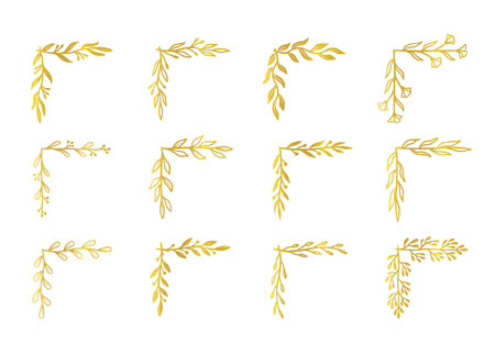 Gold corner border floral, flower frame set. Hand drawn rustic sketch doodle golden corner boarder for floral frame design element, flourish fancy pattern. Vector illustrationのイラスト素材