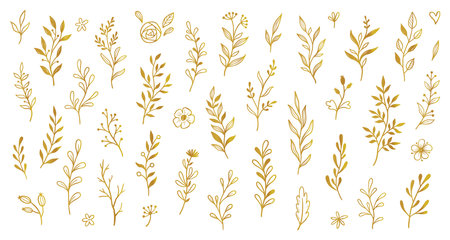 Gold branch leaf element set. Hand drawn sketch doodle golden leaves floral element for wedding background, elegant design. Vector illustration.のイラスト素材