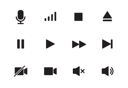 Audio, video, music player button icon. Sound control, play, pause button solid icon set. Camera, media control, microphone interface pictogram. Vector illustration.のイラスト素材