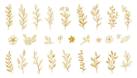 Gold branch leaf element set. Hand drawn sketch doodle golden leaves floral element for wedding background, elegant design. Vector illustration.のイラスト素材