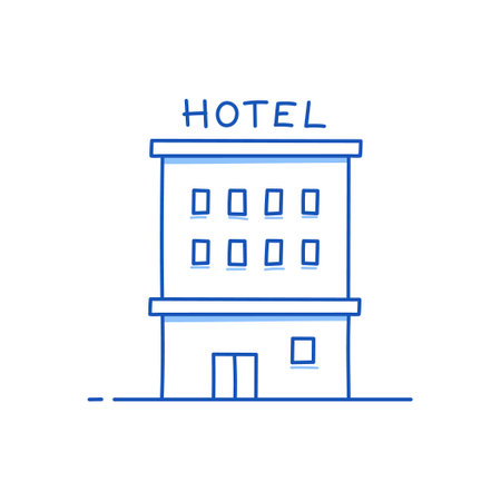 Hotel building doodle. Hand drawn sketch doodle style hotel building. Blue pen line stroke isolated element. Summer travel, water concept. Vector illustration.のイラスト素材