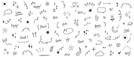 Doodle cute heart, glitter pen line elements. Doodle heart, arrow, star, sparkle decoration symbol set icon. Simple sketch line style emphasis, glitter star, pattern elements. Vector illustration.のイラスト素材