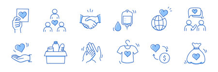 Charity hand, money, blood donation doodle line icon. Charity volunteer, support, blood donor concept icon set. Volunteer heart, donate food hand drawn doodle sketch style line. Vector illustrationのイラスト素材
