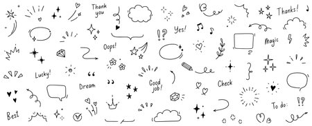 Doodle cute star, sparkle pen line elements. Doodle heart, emphasis, star, sparkle decoration symbol set icon. Simple sketch line style emphasis, glitter, pattern elements. Vector illustration.のイラスト素材