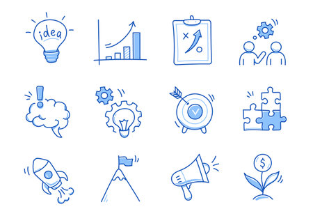 Business idea, startup doodle line icon set. Hand drawn doodle sketch line style business strategy, finance goal concept. Rocket, target, brain cute element. Vector illustrationのイラスト素材