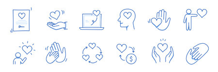Charity hand, heart, community love doodle line icon. Charity community trust, partnership, people solidarity concept icon set. Hand drawn doodle sketch style line. Vector illustration.のイラスト素材