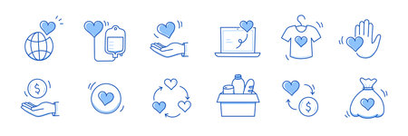 Charity hand, money, care heart doodle line icon. Charity donate, support, blood donor concept icon set. Volunteer heart, donate food hand drawn doodle sketch style line. Vector illustrationのイラスト素材