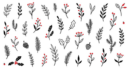 Christmas plant leaf, flower vintage set. Hand drawn doodle sketch holly floral, xmas tree leaves, winter branch elements. Holiday decoration, floral wreath sketch doodle. Vector illustration.のイラスト素材