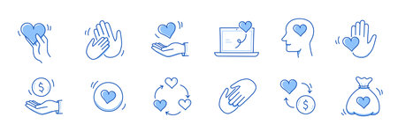 Charity hand, trust community doodle line icon. Charity community, partnership, people solidarity concept icon set. Hand drawn doodle sketch style line. Vector illustrationのイラスト素材