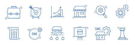 Business sme doodle icon set. Small, medium enterprise business hand drawn doodle sketch style icon. Local partnership, economic strategy, franchise concept. Vector illustration.のイラスト素材