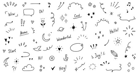 Doodle cute heart, glitter pen line elements. Doodle heart, arrow, star, sparkle decoration symbol set icon. Simple sketch line style emphasis, glitter star, pattern elements. Vector illustration.のイラスト素材