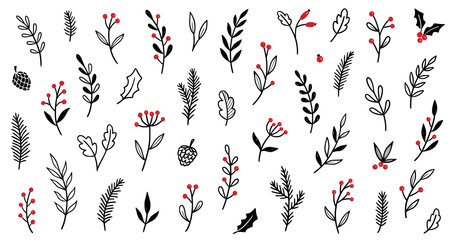 Christmas plant leaf, flower vintage set. Hand drawn doodle sketch holly floral, xmas tree leaves, winter branch elements. Holiday decoration, floral wreath sketch doodle. Vector illustration.のイラスト素材