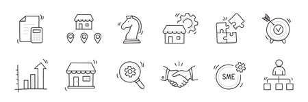 Business sme doodle icon set. Small, medium enterprise business hand drawn doodle sketch style icon. Local partnership, economic strategy, franchise concept. Vector illustration.のイラスト素材