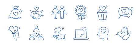 Community trust hand, social heart doodle line icon. Charity community, partnership care, people solidarity help concept icon set. Hand drawn doodle sketch style line. Vector illustrationのイラスト素材
