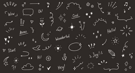 Doodle cute heart, glitter pen line elements on chalkboard. Doodle heart, arrow, star, sparkle decoration symbol set icon. Simple sketch line style emphasis, glitter star. Vector illustrationのイラスト素材